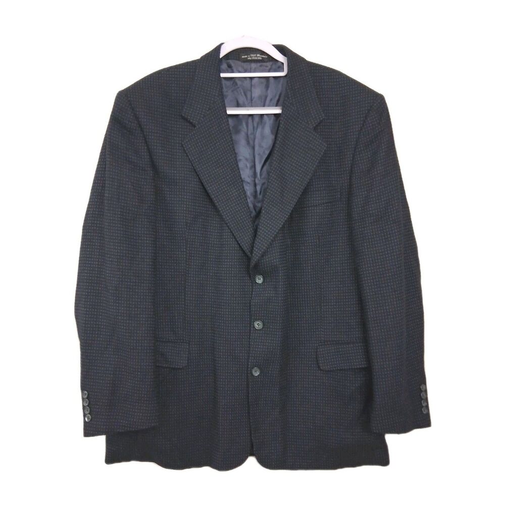 Bachrach Cashmere Blend Blazer Mens 46L Jacket Navy Blue Checkered Lined Vintage